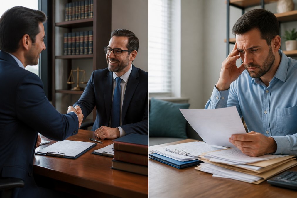 Client and personal injury lawyer shaking hands in modern law office with natural lighting, legal documents and case files visible on desk, both wearing professional attire