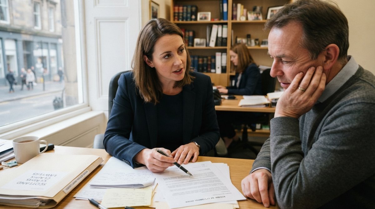 Professional solicitor and client reviewing claim documents and correspondence at desk in modern Glasgow office with natural lighting
