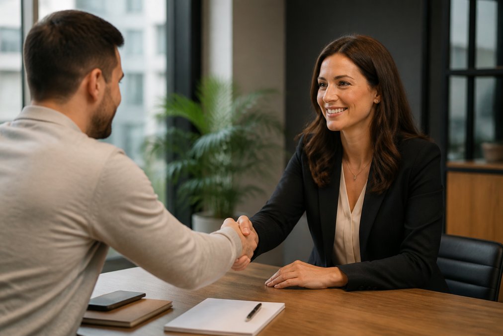 Client shaking hands with solicitor in modern law office, conveying trust and partnership, warm lighting with desk and legal documents visible