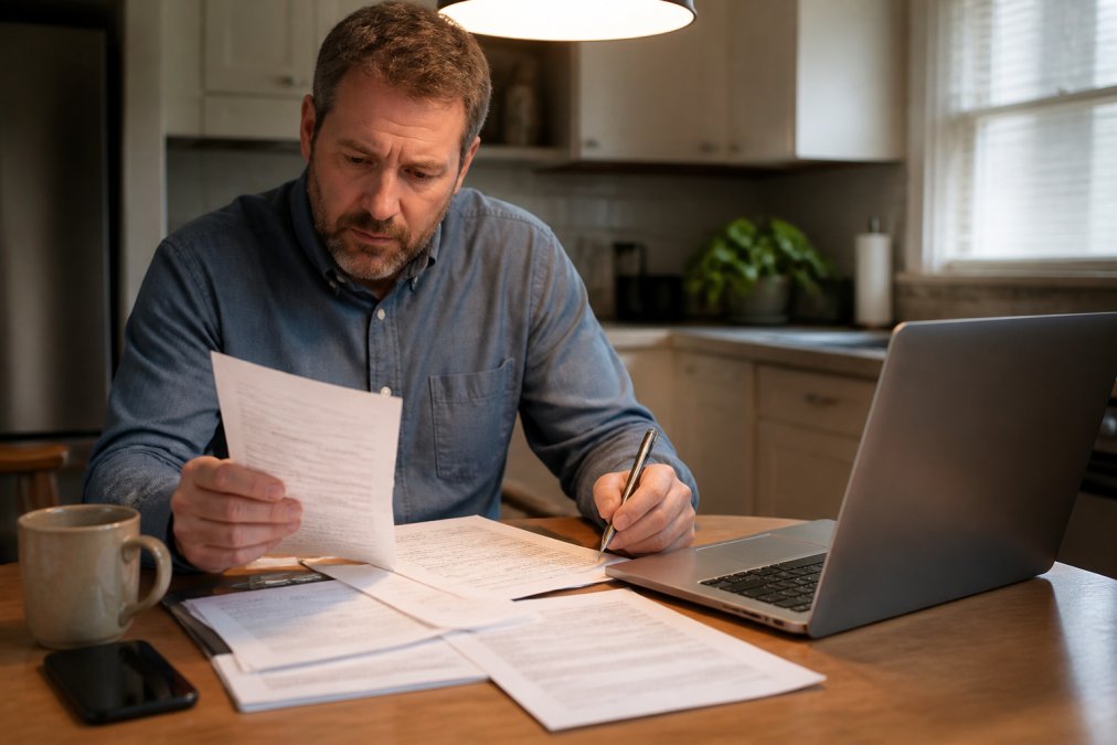 A person sitting at a kitchen table reviewing medical bills and legal documents with a laptop open, looking focused and concerned under warm overhead lighting