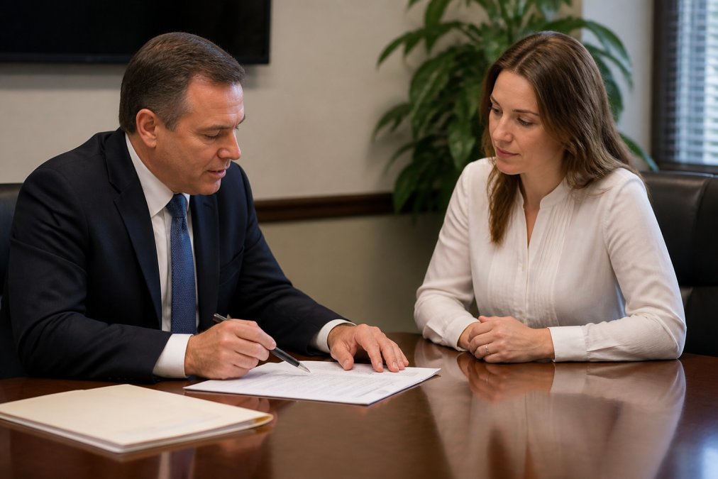 An attorney and client sitting across a polished conference table reviewing settlement paperwork together, with soft overhead lighting and a professional, reassuring atmosphere