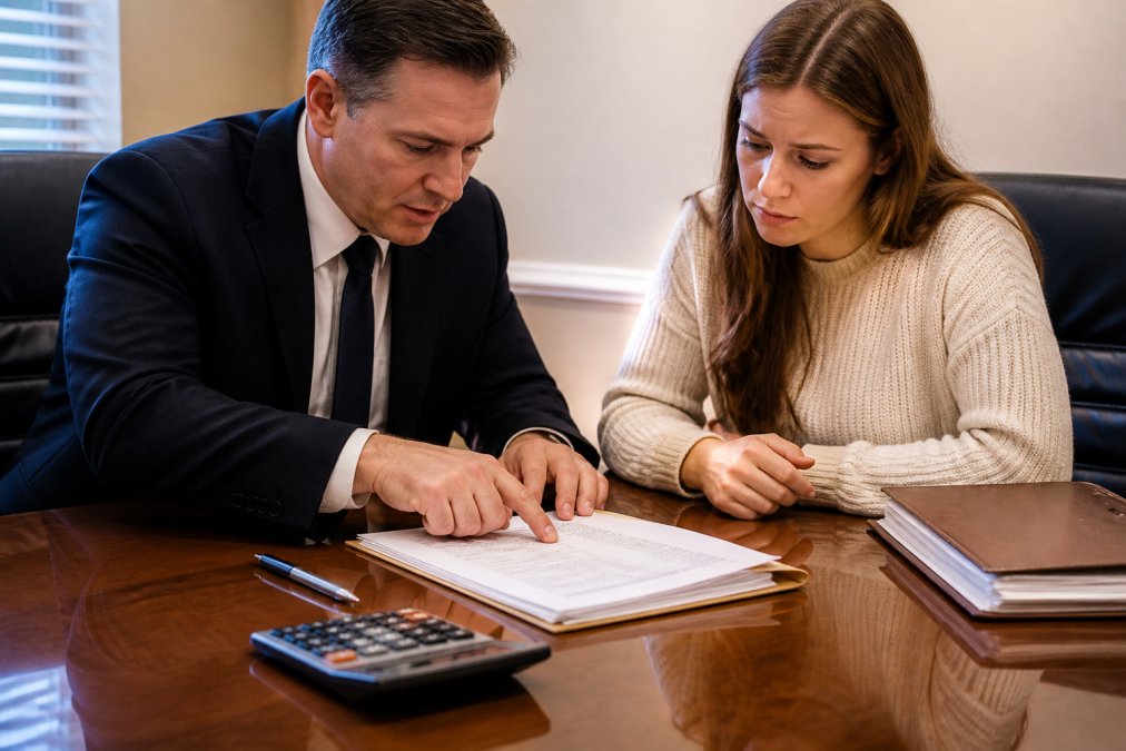A lawyer and client reviewing a settlement disbursement statement at a desk, pointing to line items, with a calculator and pen nearby