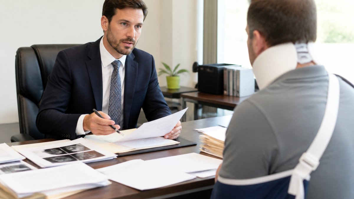 Professional attorney in business attire meeting with client across desk covered with medical records, documents, and case files in modern office with natural window lighting