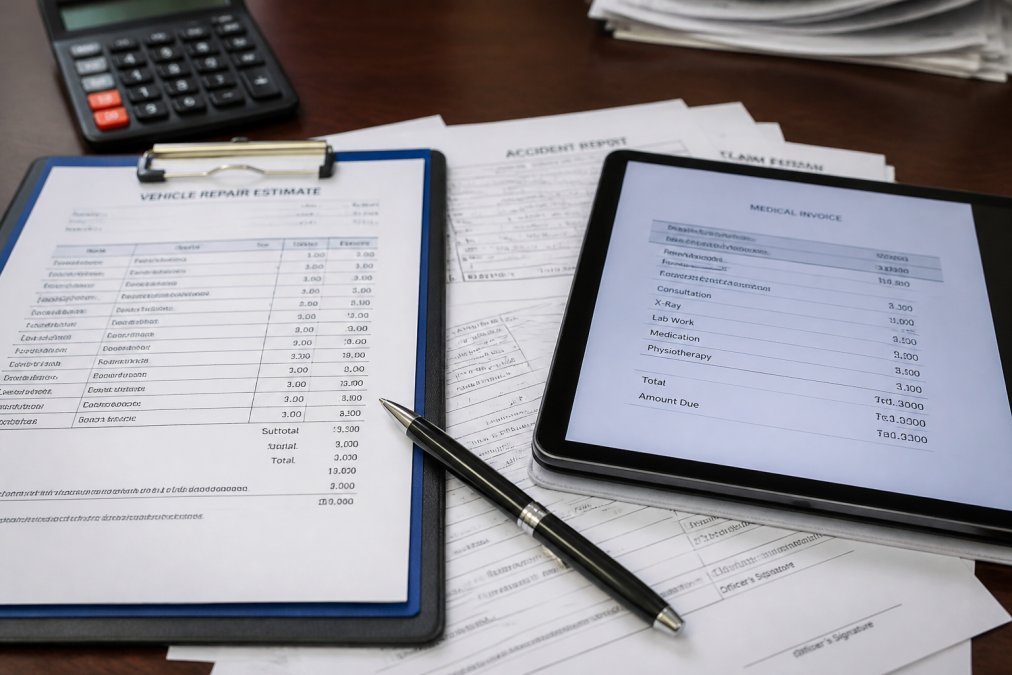 A claims adjuster's desk with a vehicle repair estimate form, a tablet showing a medical invoice, and a pen resting on scattered accident paperwork under bright office lighting