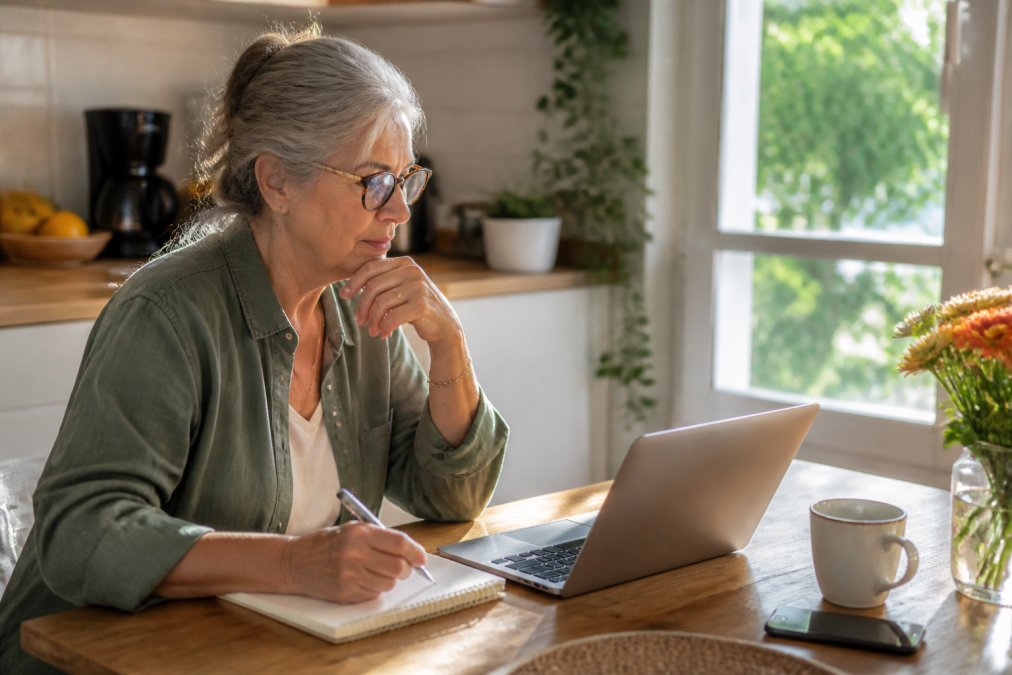 Person in their 60s using a checklist on a laptop to simplify legacy planning tasks at a kitchen table