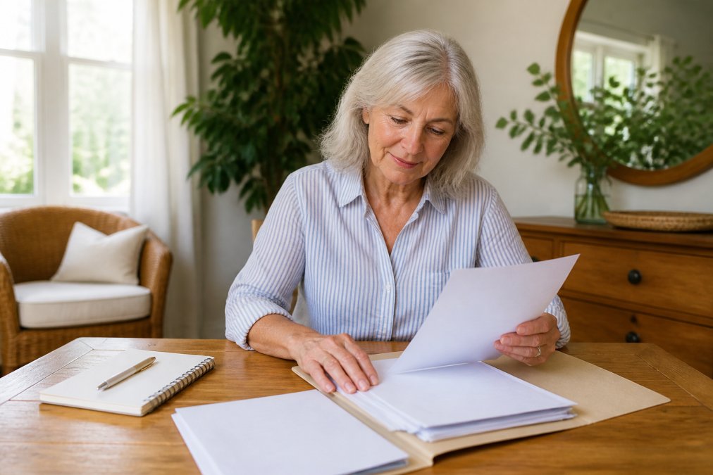 Woman in her 60s organizing documents for legacy planning for women at a home desk with a notebook and pen