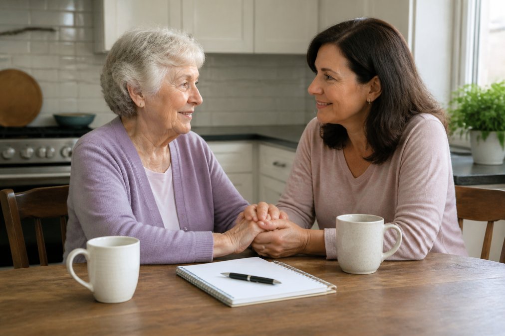 An older woman in her 70s sitting at a kitchen table with her adult daughter, holding hands and talking warmly, a notebook and coffee cups on the table, soft natural light from a window