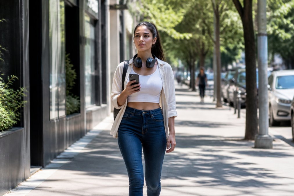 A young woman walking confidently on a city street during daytime, wearing headphones around her neck (not in ears), holding her phone visibly, with alert posture and eyes forward, natural sunlight casting clear shadows