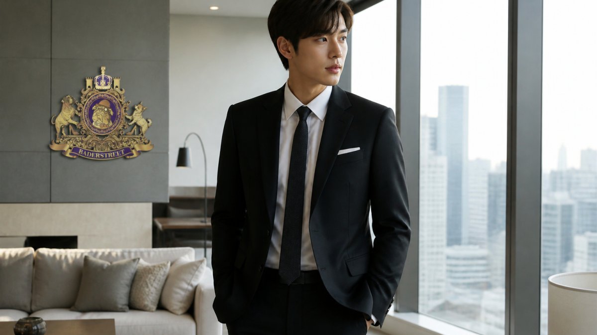 Lee Min-ho in formal business attire standing in an elegant minimalist apartment interior with floor-to-ceiling windows and modern furnishings