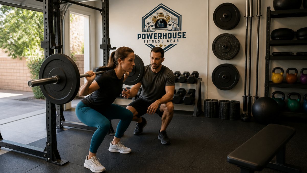 Personal trainer coaching a client on a barbell squat in a clean garage gym setup with organized equipment.