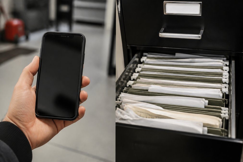 Split-screen comparison showing a smartphone with a maintenance app open on one side and a filing cabinet with organized paper receipts on the other