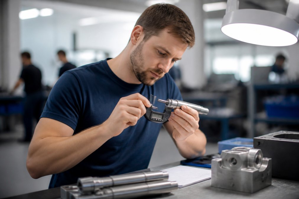 Operatore qualificato che esamina con attenzione un componente assemblato utilizzando un micrometro digitale su un banco da lavoro ben illuminato, verificando le tolleranze dimensionali