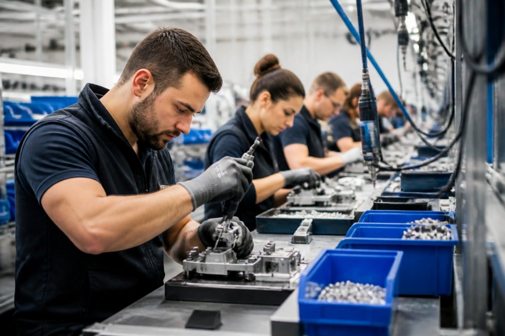 Operai specializzati in una linea di assemblaggio industriale che montano componenti meccanici su un banco da lavoro, con attrezzi di precisione e componentistica ordinata, ambiente manifatturiero luminoso e pulito