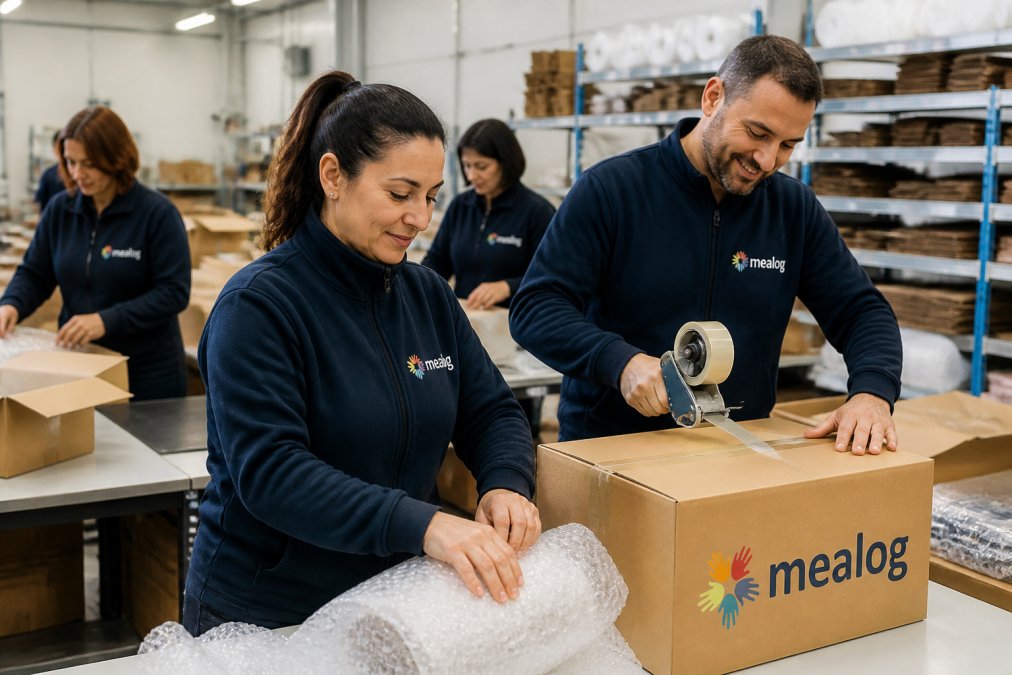 Team di operatori professionali in uniforme che svolgono attività di confezionamento e imballaggio in un ambiente di stabilimento moderno, con scaffali organizzati e materiali di protezione ordinati sullo sfondo