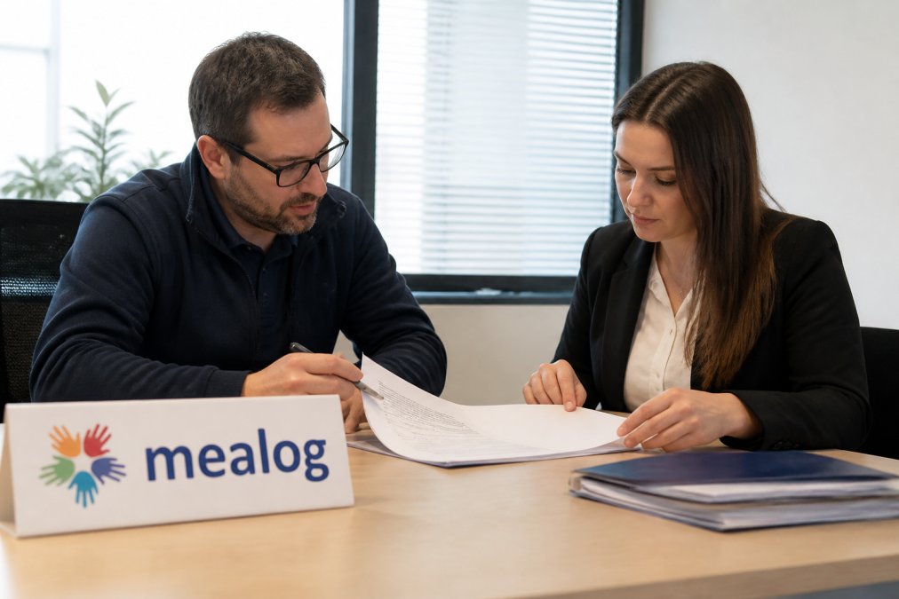 Responsabile operativo che discute con consulente specializzato presso una scrivania, esaminando documentazione di servizio e accordi contrattuali in un ambiente di ufficio professionale