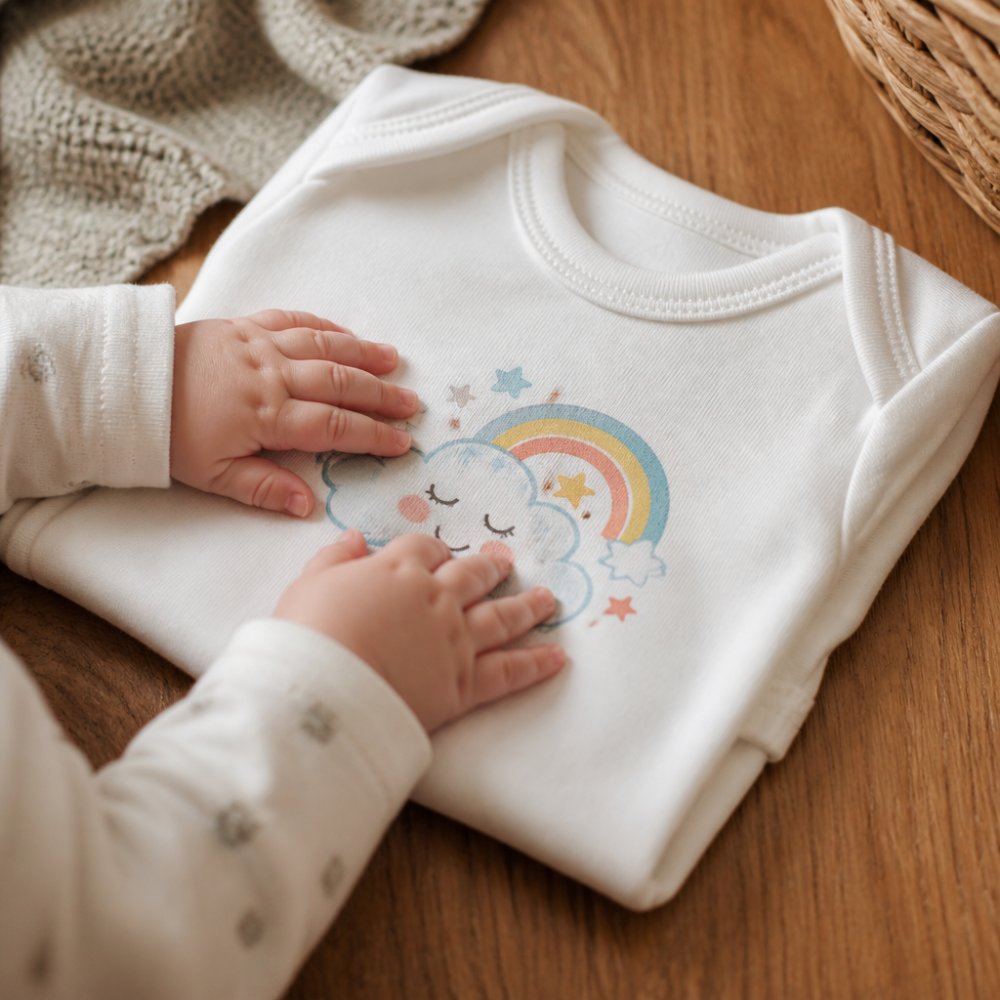 A close-up of a newborn's tiny hands resting on a soft, folded white baby grow with a small, colourful custom print on the chest, placed on a wooden surface with gentle natural light