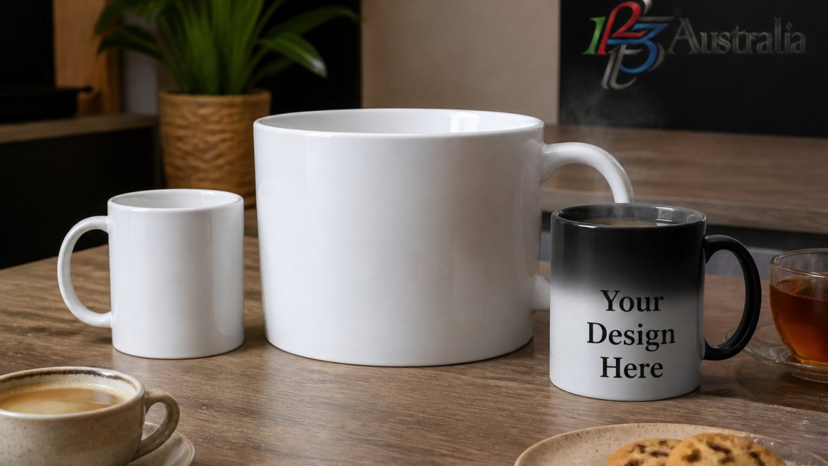 Flat-lay arrangement of three ceramic mugs in different styles displayed on a wooden surface: a classic 325ml white ceramic mug, a giant 2-litre novelty mug beside it, and a colour-changing mug with hot liquid inside revealing hidden text, with coffee and tea cups nearby