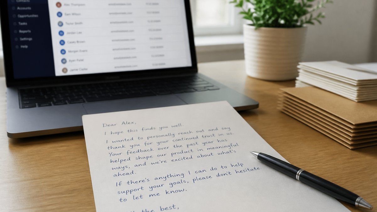A close-up of a handwritten letter on a desk beside a laptop showing a CRM dashboard, with a pen resting on the paper, in a bright office setting