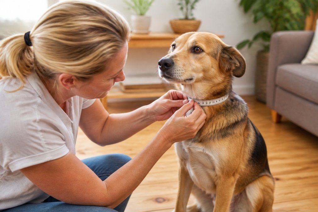 Close-up of a person's hands using a soft measuring tape around a calm medium-sized dog's neck, with the dog sitting on a wooden floor in a bright home setting
