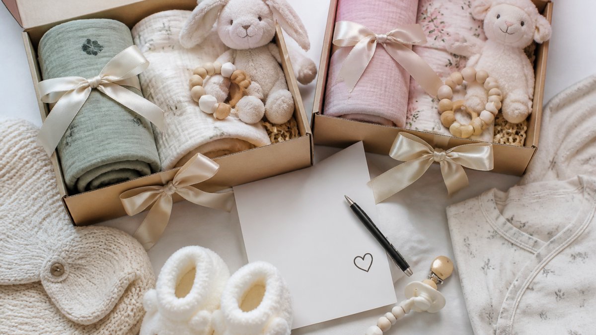 Overhead flat lay of beautifully wrapped gift boxes with soft pastel ribbons, baby items like muslin cloths and plush toys scattered around, and a handwritten personalised card, shot in natural daylight