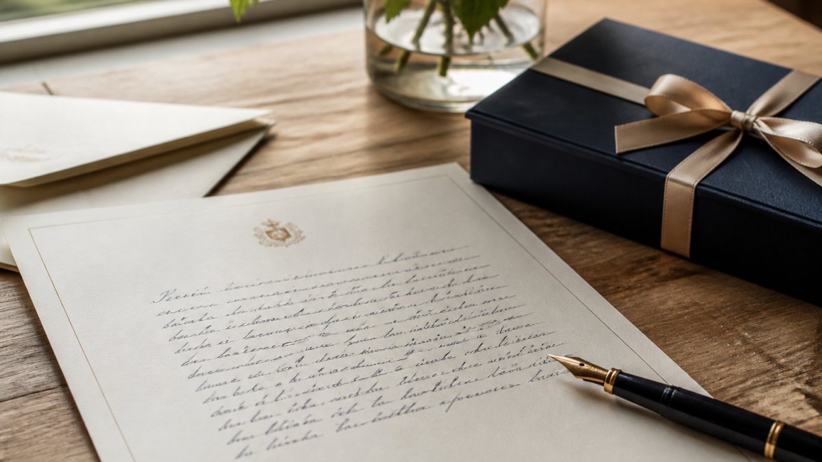 Handwritten letter on luxury stationery with a fountain pen and gift box, illustrating personalised gifting strategies