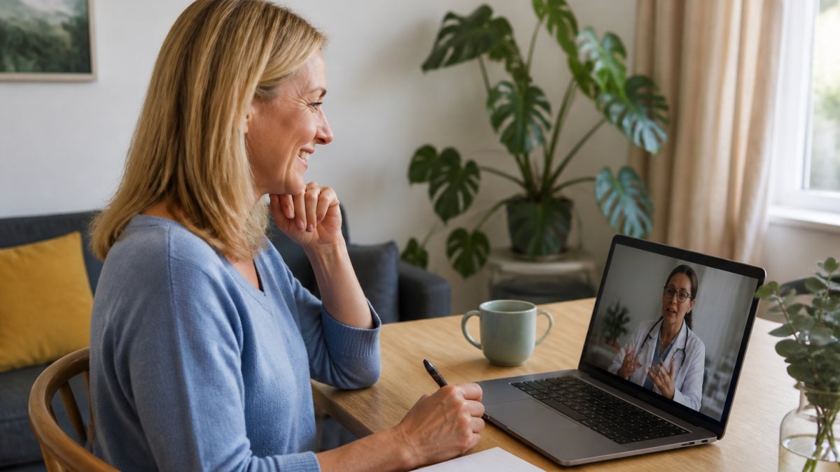 Woman in her late 40s discussing personalised menopause treatment plans via a video call with her doctor.