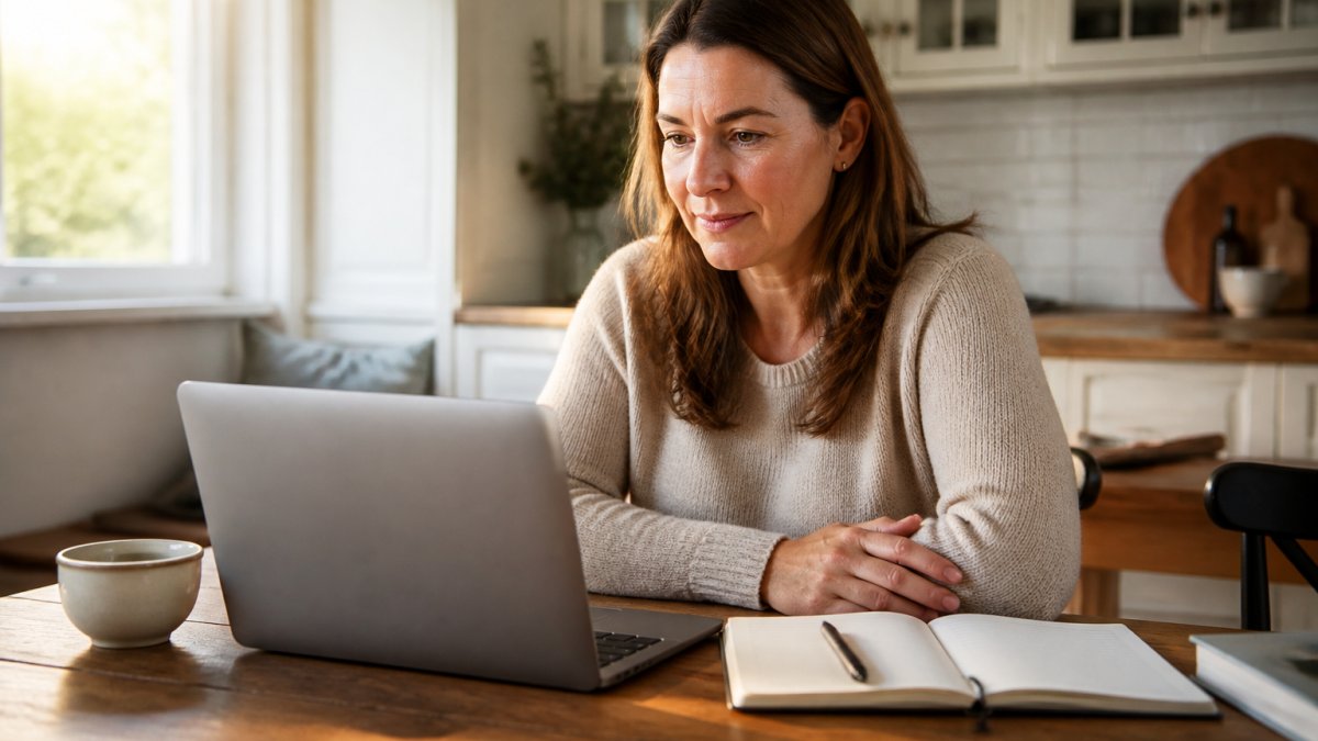 A woman in her late 40s sitting at a kitchen table with a laptop open to a video call, a notebook and cup of tea beside her, warm morning light through a window