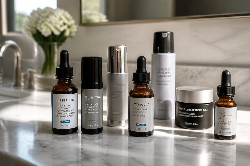 Collection of professional medical-grade skincare bottles and serums arranged on marble bathroom vanity in natural morning light, showing amber bottles, dropper applicators, and clinical packaging with visible active ingredient labels