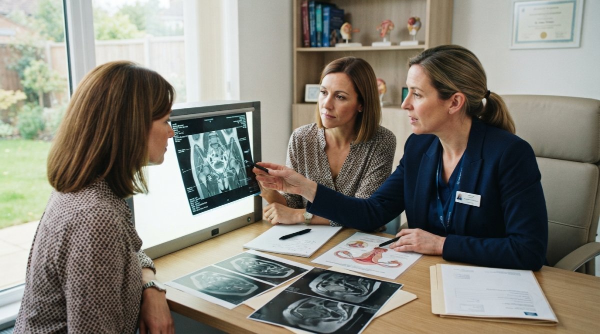 Female patient in consultation with gynaecological oncologist reviewing diagnostic scans and test results together at clinical desk in modern hospital setting with natural light