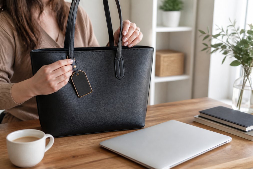 A woman's hands holding a black vegan leather tote bag with a gold-foiled monogram tag, placed on a wooden desk beside a laptop and a coffee cup in a bright home office