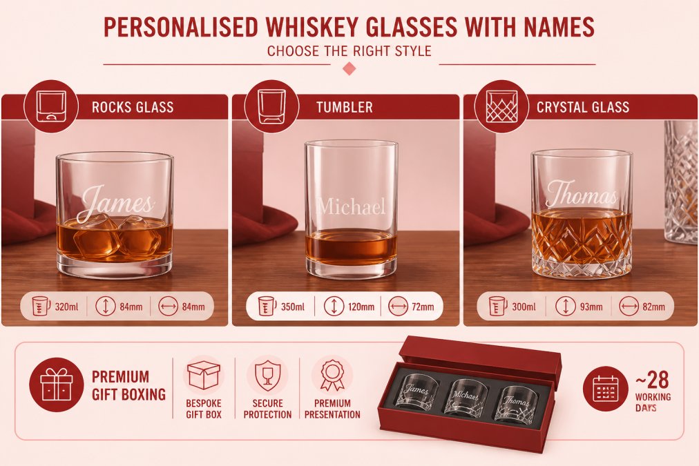 Three personalised whiskey glasses displayed on a wooden table, each with a different engraved name, showing a rocks glass, a tumbler, and a crystal glass side by side with warm natural lighting