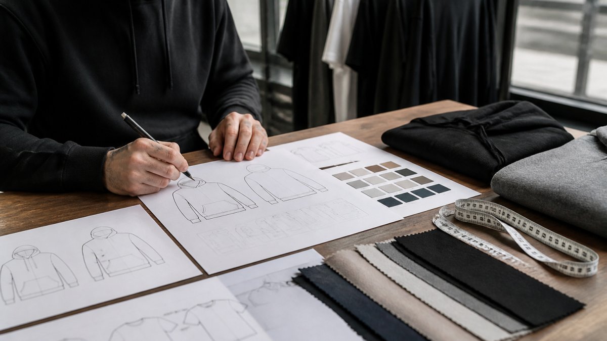 Eine Person in einem schwarzen Hoodie mit nordischem Tribal-Motiv steht vor einer Steinmauer und präsentiert lässig die Bauchtasche; weiches Tageslicht, Streetwear-Atmosphäre, Nahaufnahme des bedruckten Motivs auf der Brust