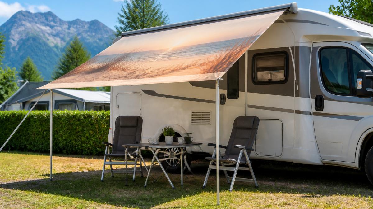 Ein Wohnmobil auf einem sonnigen Campingplatz mit einem individuell bedruckten Sonnensegel an der Markise, davor ein Campingtisch und zwei Klappstühle im Schatten