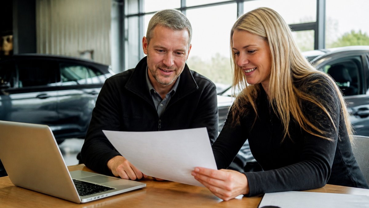 Sales manager and representative reviewing a DiSC profile to improve sales team retention in a bright office.