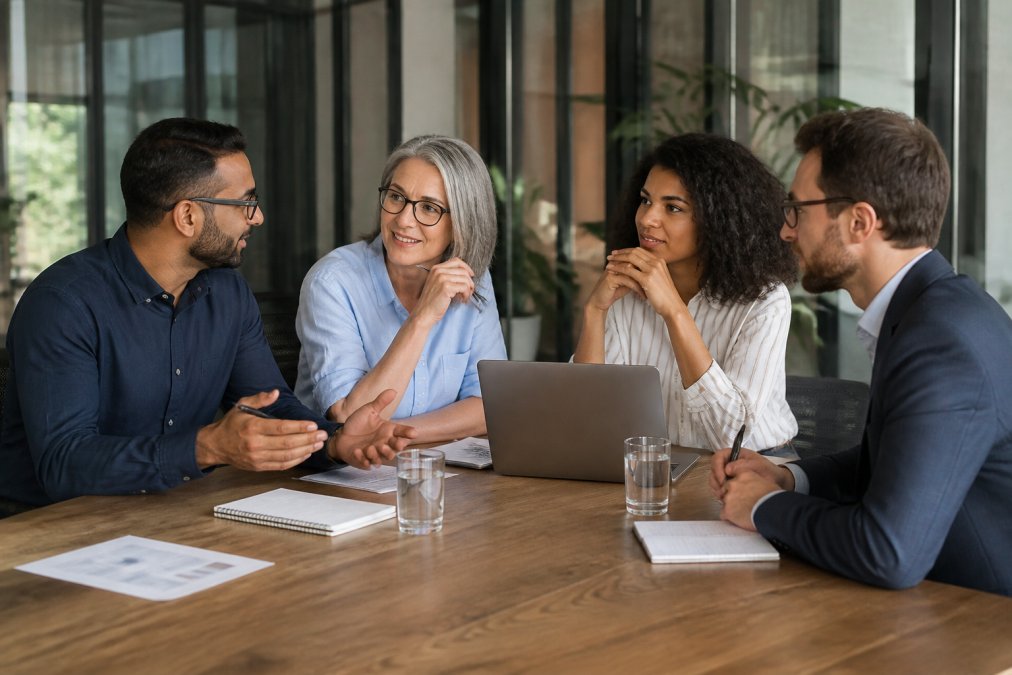 A diverse team of four colleagues in a collaborative meeting, actively listening and engaged in positive discussion around a conference table with laptops and notepads, natural office lighting