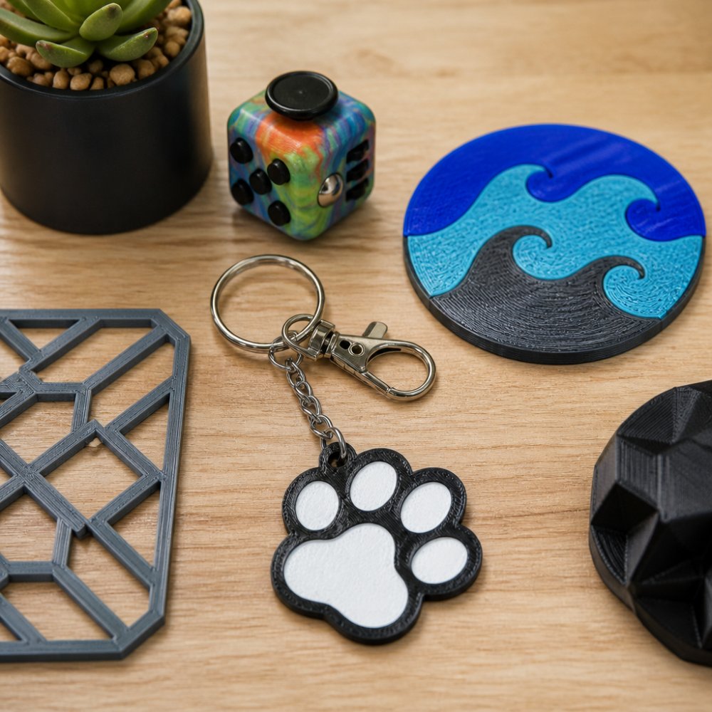 Flat lay of several colorful 3D printed items including a small fidget cube, a keychain, and a coaster arranged on a wooden desk surface with soft natural lighting