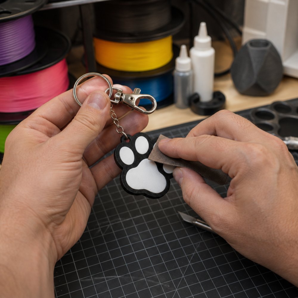 Close-up of hands lightly sanding a small 3D printed figurine on a workbench with tools and colorful PLA filament spools visible in the background