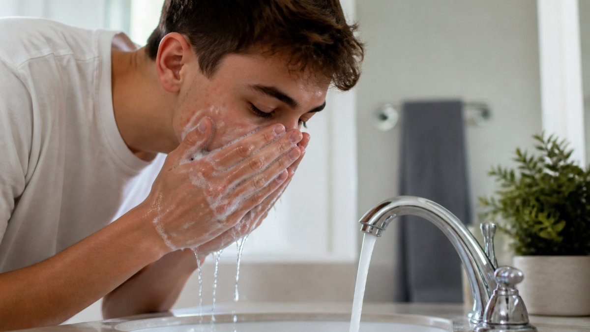 Teenager washing their face with a gentle cleanser at a bathroom sink, showing proper cleansing technique with hands and water