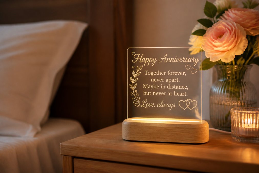 A close-up of a personalized acrylic square plaque with a romantic message, displayed on a wooden LED base on a bedside table in a warm, softly lit bedroom