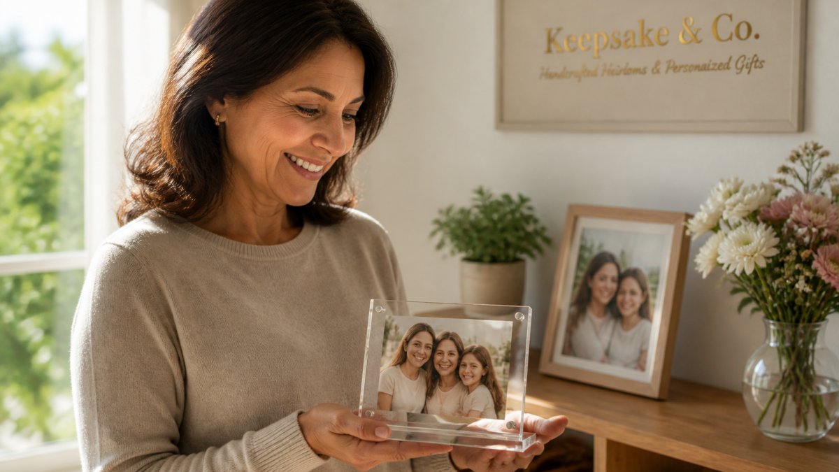 A mother smiling warmly while holding and admiring a personalized acrylic plaque displaying a family photo, displayed on a wooden shelf in a bright, sunlit home setting with soft natural light streaming through nearby windows