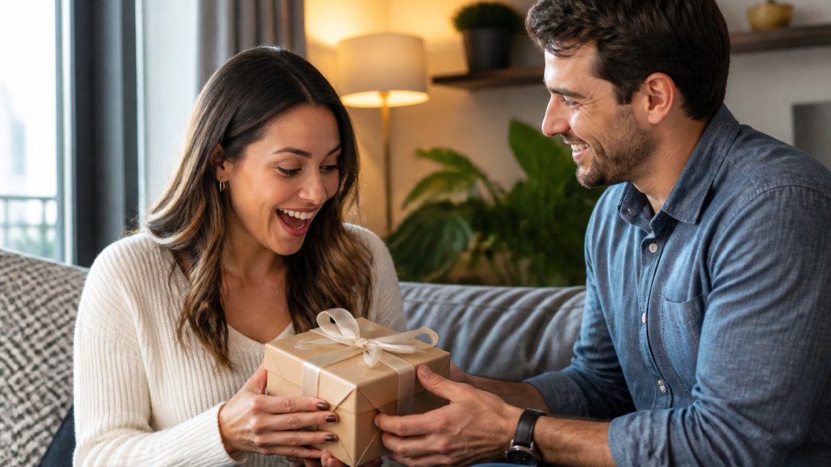 A happy couple exchanging a beautifully wrapped gift in a warm, glowing room.