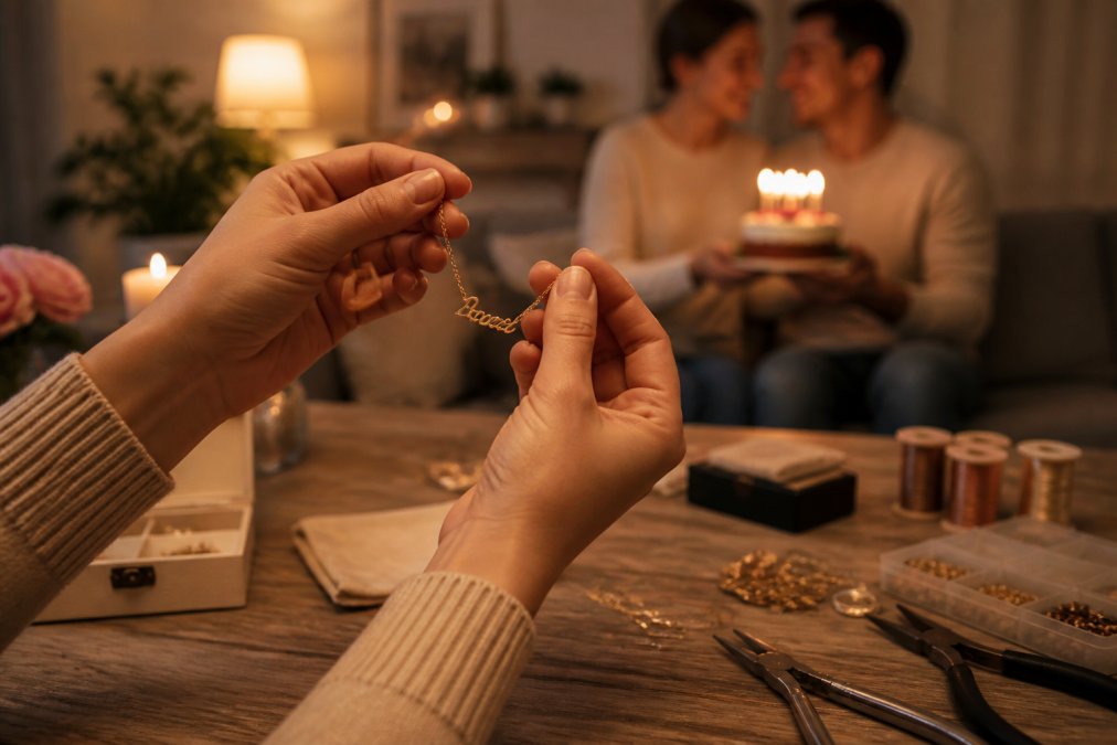 Close-up of hands holding a personalized name necklace, soft-focus background of a couple celebrating with a cake in a cozy living room, warm evening lighting