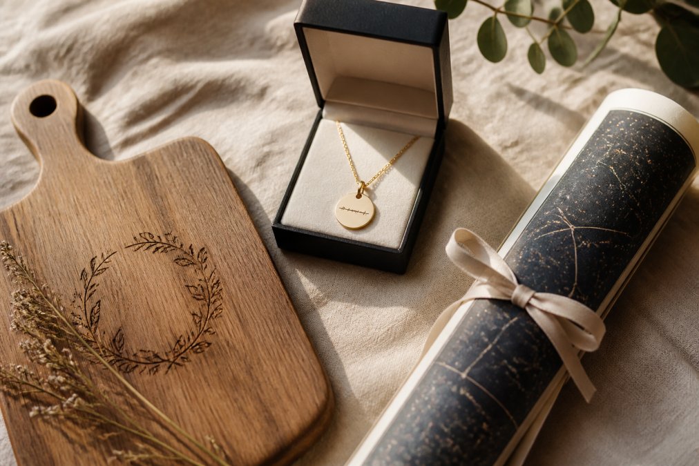 Close-up flat lay of personalized anniversary gifts arranged on warm linen: an engraved wooden cutting board, a custom coordinates necklace in a small open jewelry box, and a rolled custom star map print tied with ribbon, all under soft natural window light
