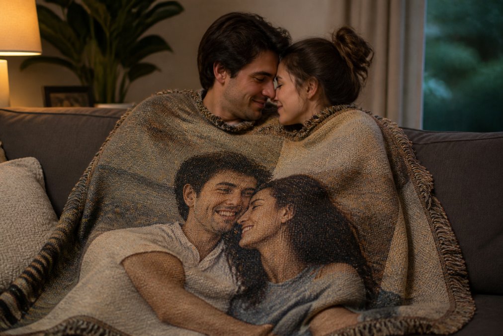 Couple wrapped together in a custom woven heirloom blanket displaying a photo-printed design, warm intimate moment on a couch with soft lighting