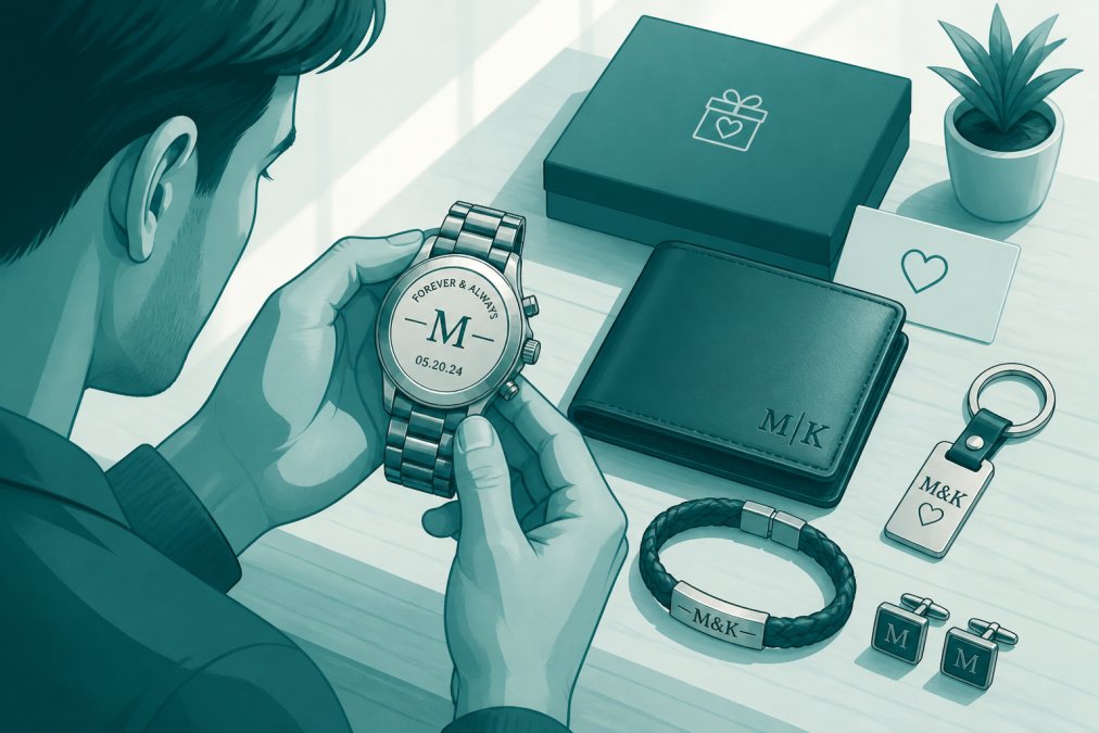 Man wearing an engraved stainless steel watch on his wrist, examining the personalized case back in natural sunlight, with a leather wallet and other personalized accessories displayed on a wooden table beside him