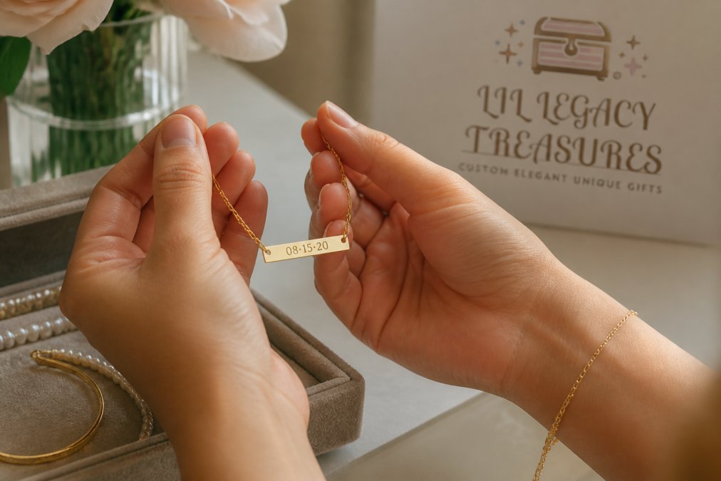 Close-up of a woman's hands holding a delicate gold bar necklace with engraved text, soft natural light, elegant jewelry box nearby