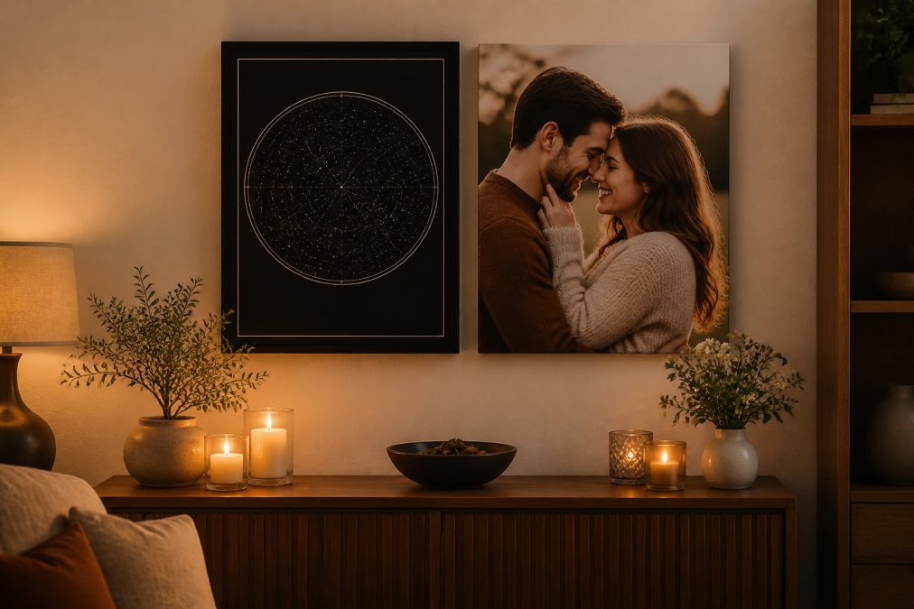 A framed custom star map and a canvas photo print displayed side by side on a cozy living room wall above a wooden console table with candles and small vases of flowers, warm evening light