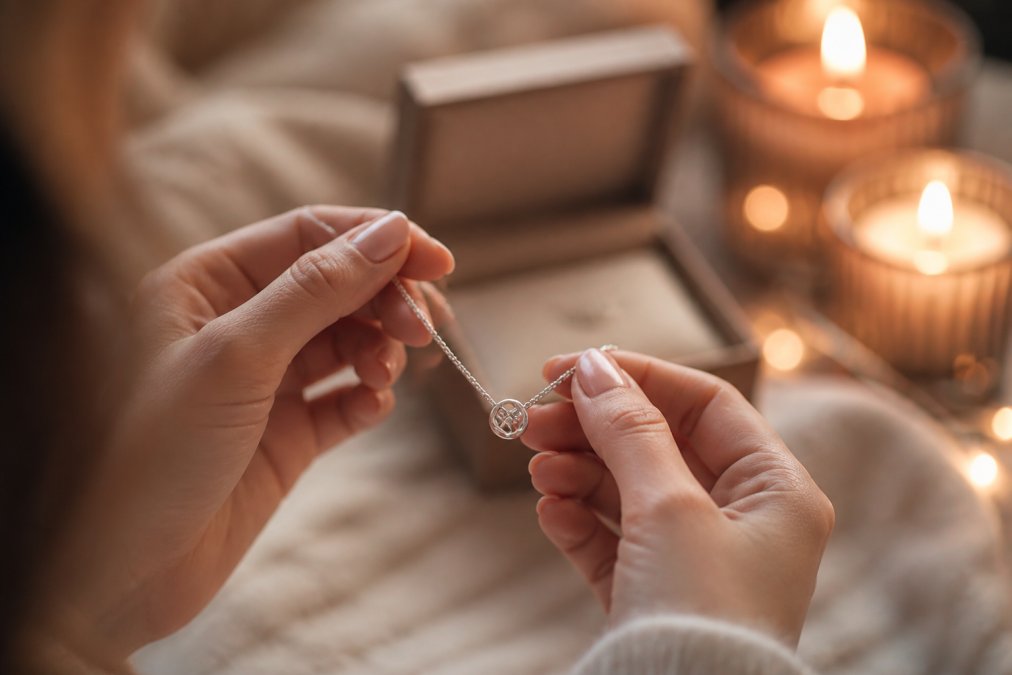 A close-up of a woman's hands holding a delicate silver necklace with a small pendant, soft natural light, blurred candles glowing in the background