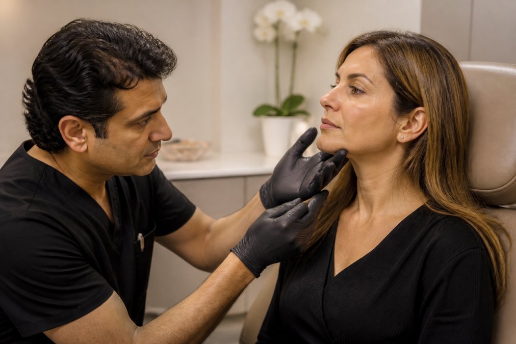 Physician performing detailed facial skin analysis and assessment on patient in modern clinical consultation room with professional lighting