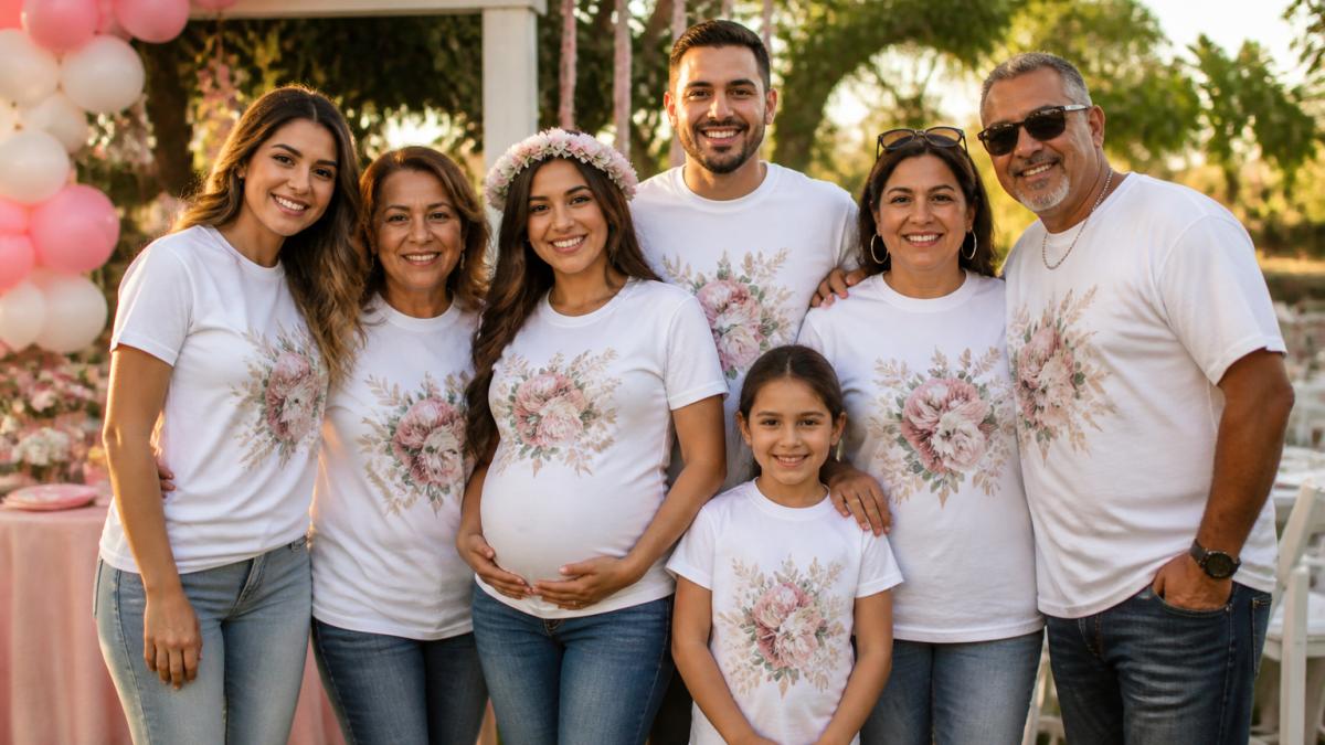 A group of family members wearing matching floral custom T-shirts at an outdoor baby shower celebration, smiling and taking a group photo together in warm afternoon light